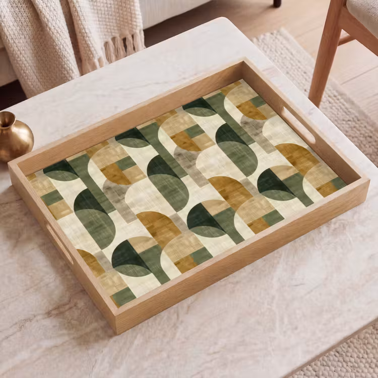 Tablett - Olivgrün – Geometrisch – Abstrakt – Mid-Century – Leinen – Muster — 2
