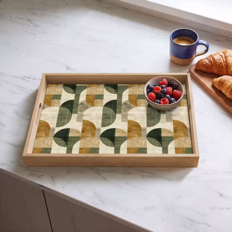 Tablett - Olivgrün – Geometrisch – Abstrakt – Mid-Century – Leinen – Muster — 4