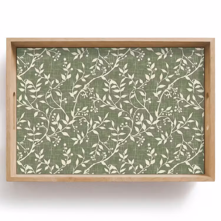 Tablett - Salbeigrün – Botanisch – Zweige – Beeren – Leinen – Muster — 1