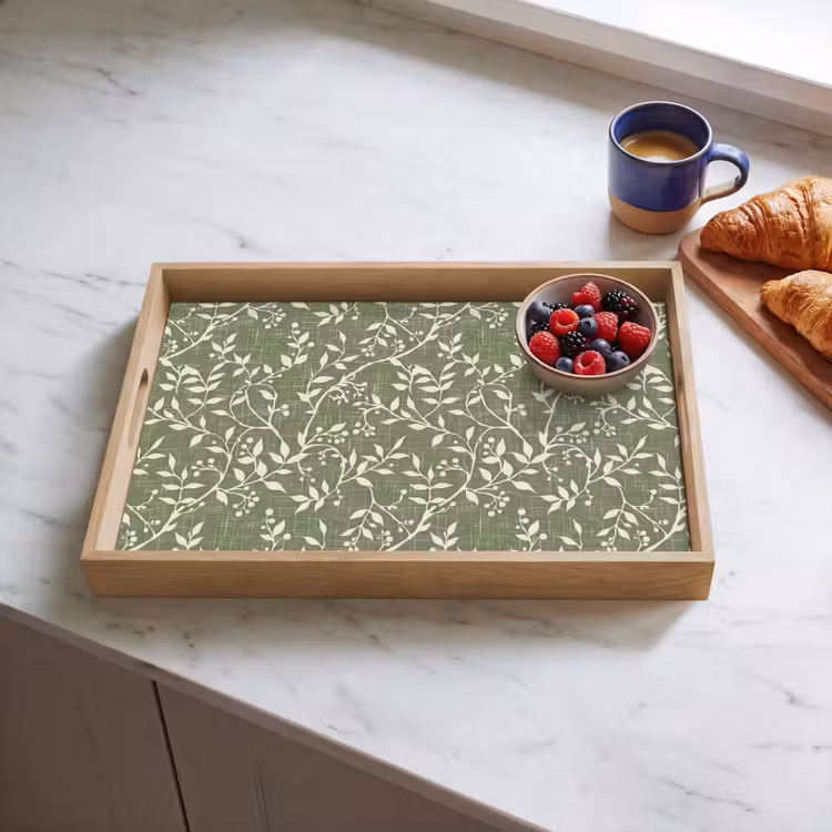 Tablett - Salbeigrün – Botanisch – Zweige – Beeren – Leinen – Muster — 4