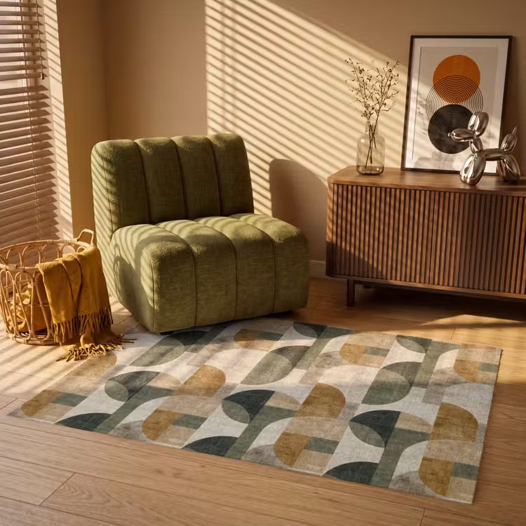 Teppich - Olivgrün – Geometrisch – Abstrakt – Mid-Century – Leinen – Muster — 2