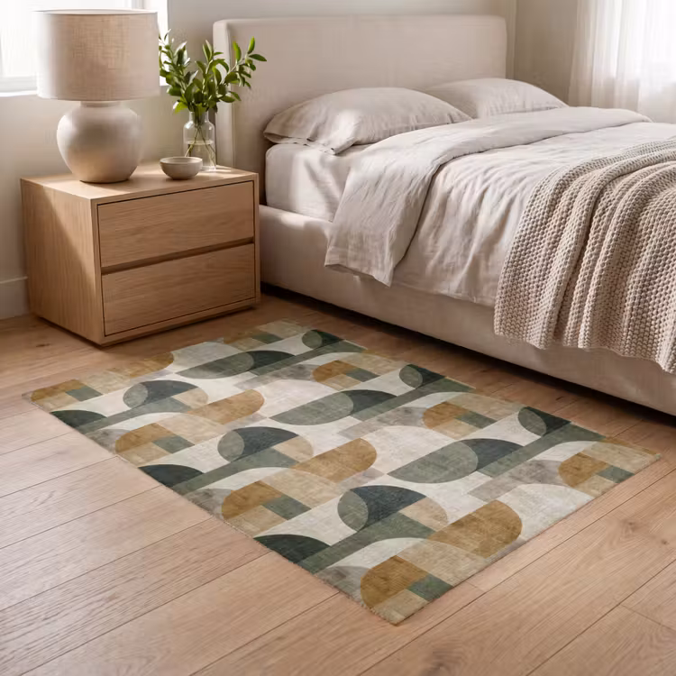 Teppich - Olivgrün – Geometrisch – Abstrakt – Mid-Century – Leinen – Muster — 5