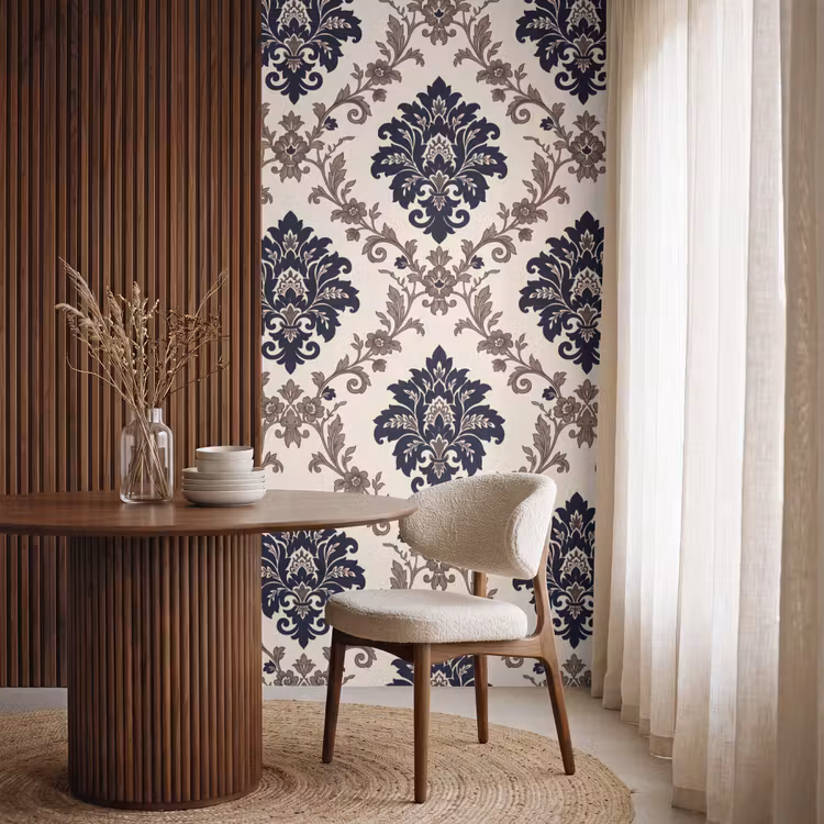 Tapete - Muster – Blumenmuster – Klassisch – Beige-Blau — 4