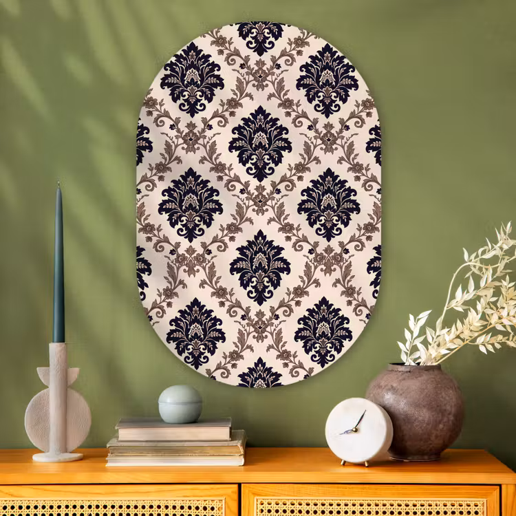 Glasbild Oval - Muster – Blumenmuster – Klassisch – Beige-Blau — 2