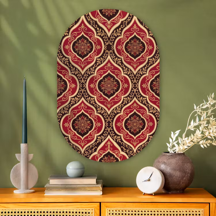 Glasbild Oval - Muster – Ornament – Barock – Rot – Gold — 2