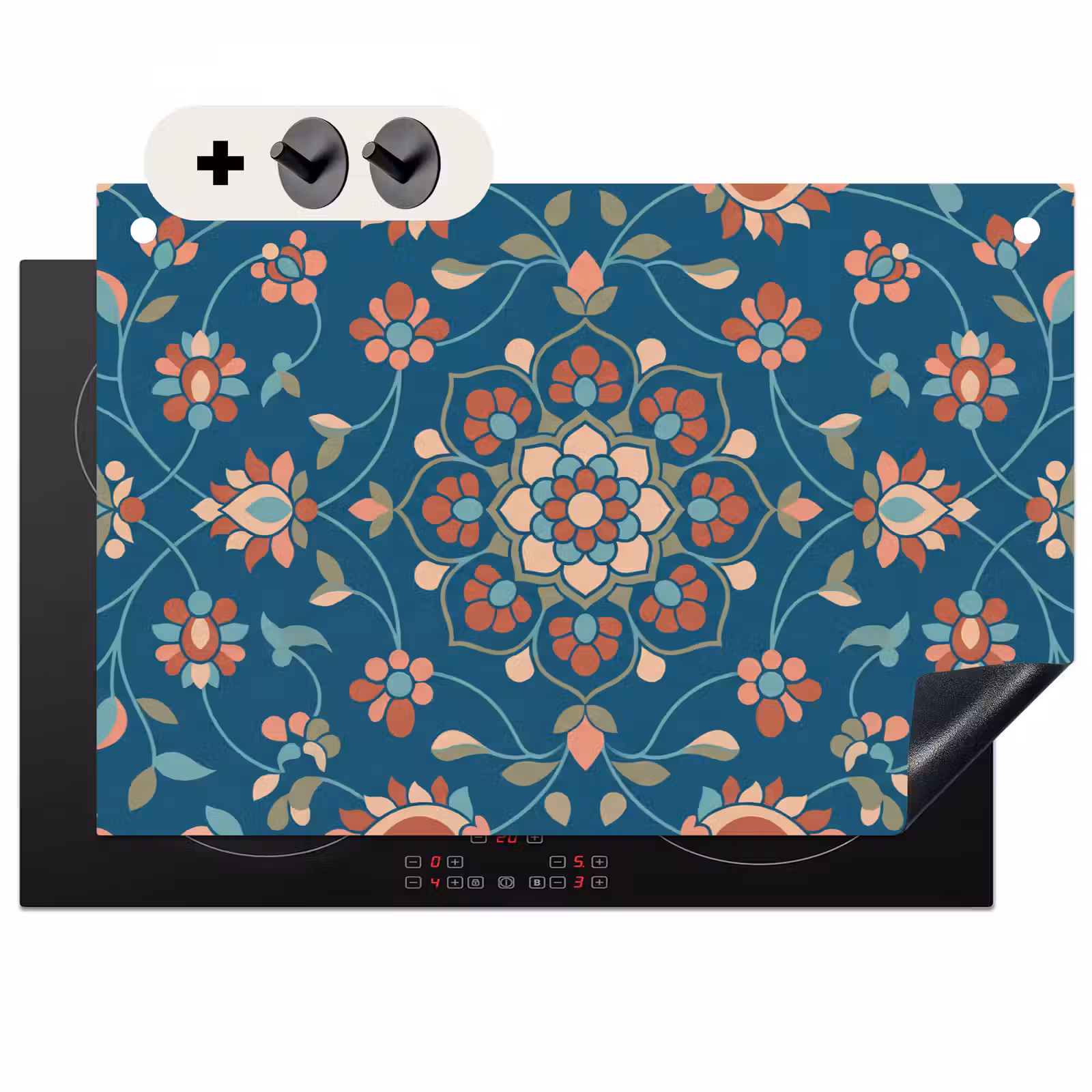 2-in-1 Herdabdeckplatte & Spritzschutz - Blumen – Muster – Natur – Ornament – Blau — 1