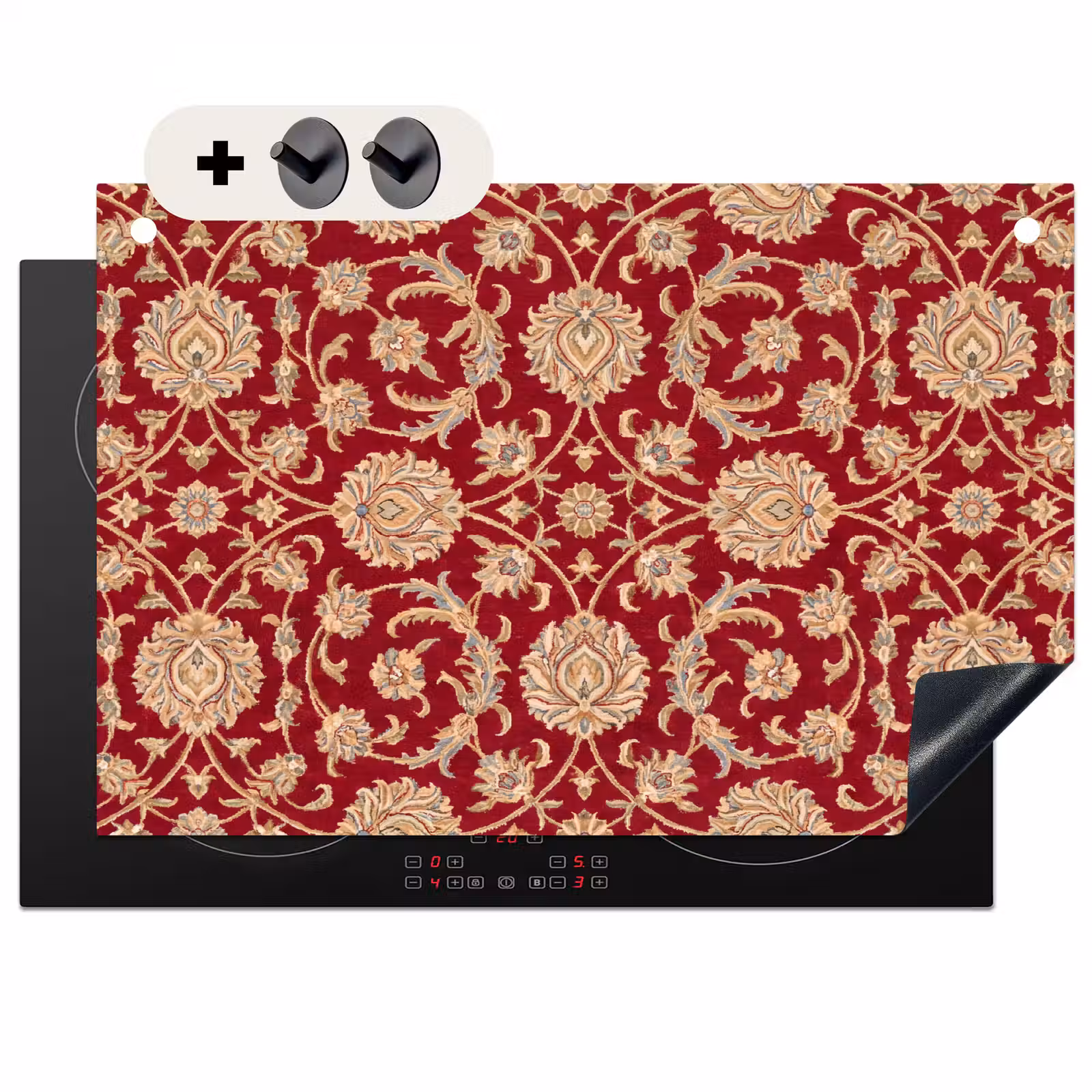 2-in-1 Herdabdeckplatte & Spritzschutz - Muster – Blume – Klassisch – Orientalisch – Rot — 1