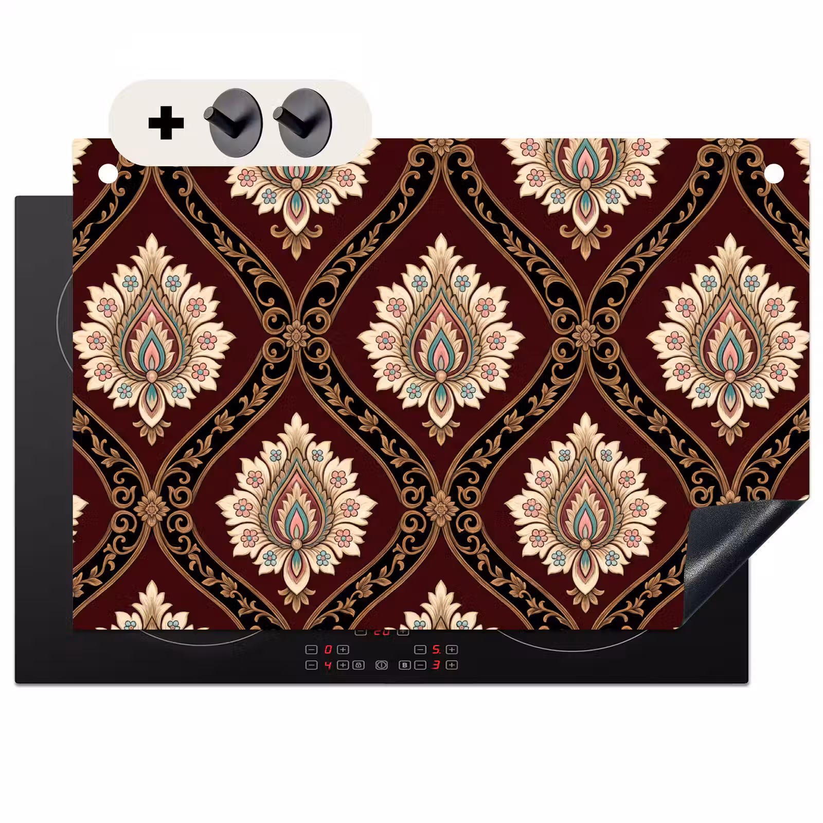 2-in-1 Herdabdeckplatte & Spritzschutz - Muster – Blumenmotiv – Dekoration – Klassisch – Rot — 1