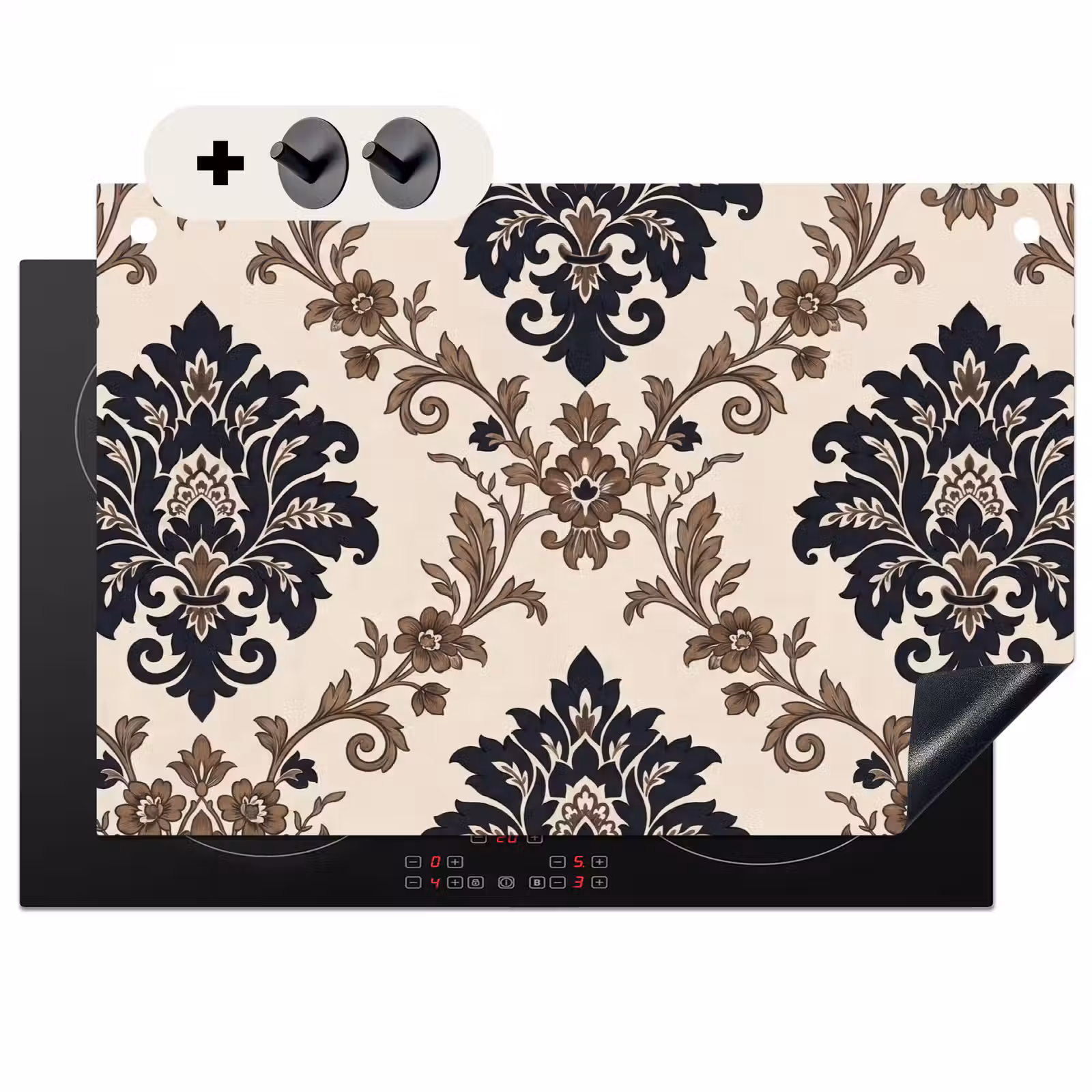 2-in-1 Herdabdeckplatte & Spritzschutz - Muster – Blumenmuster – Klassisch – Beige-Blau — 1