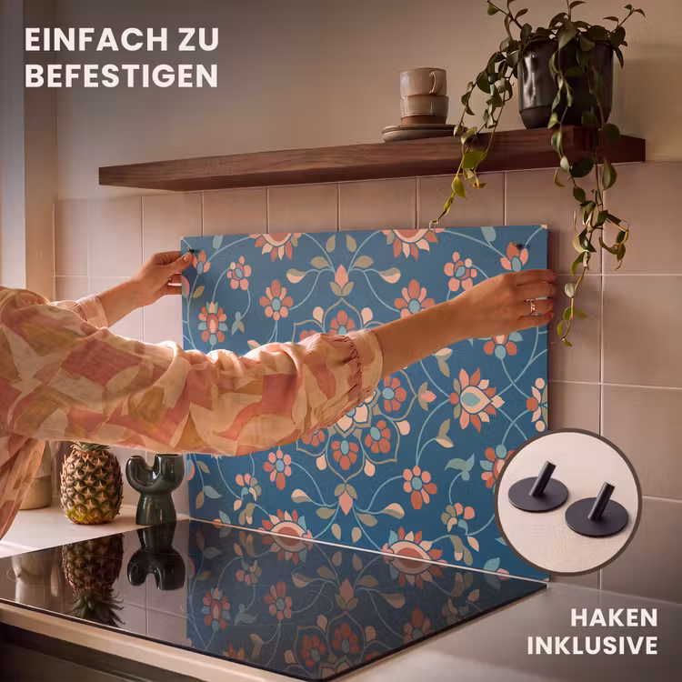 2-in-1 Herdabdeckplatte & Spritzschutz - Blumen – Muster – Natur – Ornament – Blau — 7