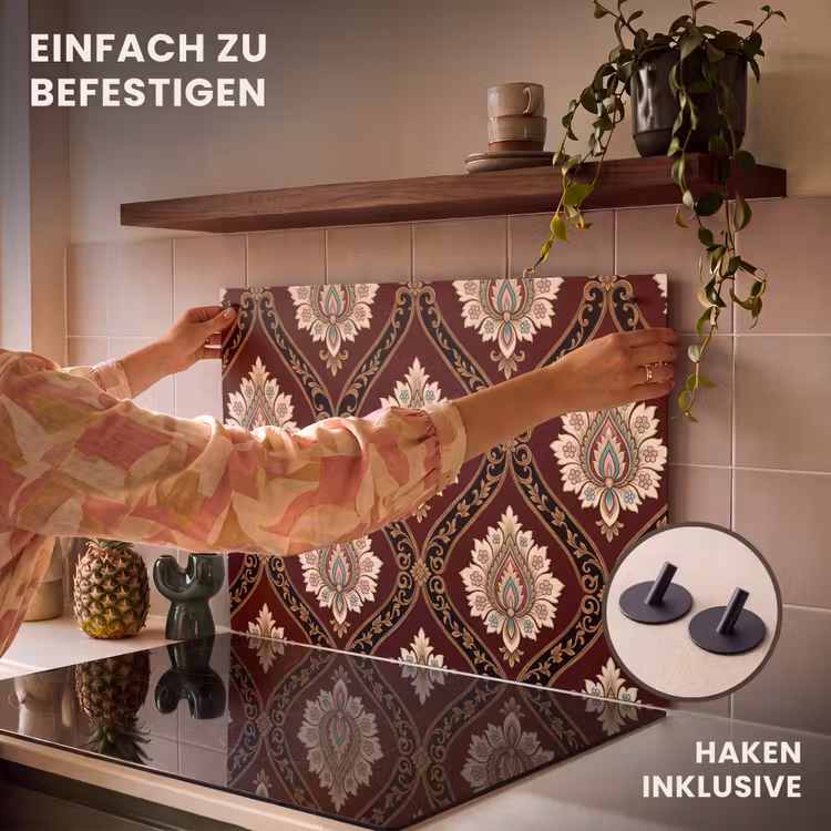 2-in-1 Herdabdeckplatte & Spritzschutz - Muster – Blumenmotiv – Dekoration – Klassisch – Rot — 7