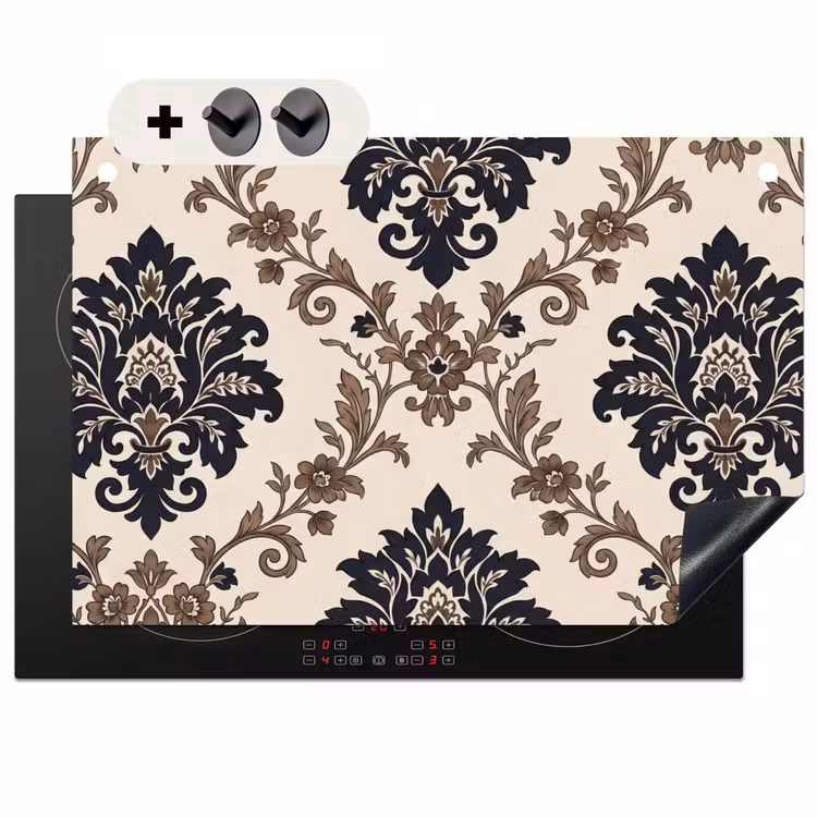 2-in-1 Herdabdeckplatte & Spritzschutz - Muster – Blumenmuster – Klassisch – Beige-Blau — 1