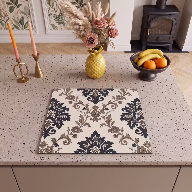 Herdabdeckplatte - Muster – Blumenmuster – Klassisch – Beige-Blau — 2