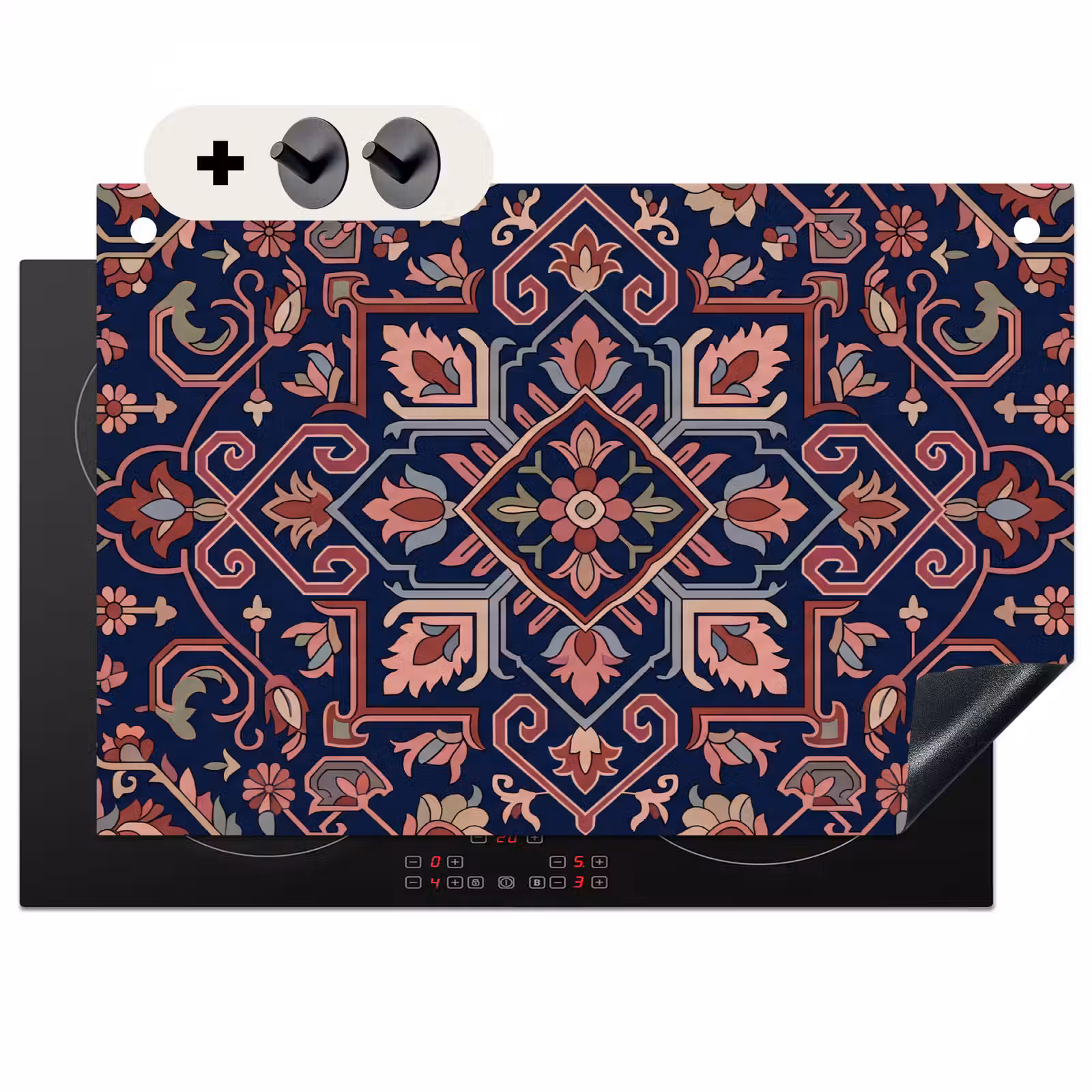 2-in-1 Herdabdeckplatte & Spritzschutz - Muster – Orientalisch – Blumig – Blau – Klassisch — 1