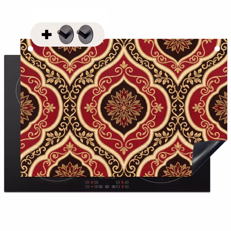 2-in-1 Herdabdeckplatte & Spritzschutz - Muster – Ornament – Barock – Rot – Gold — 1
