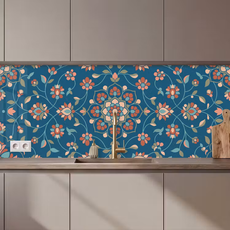 Küchenrückwand - Blumen – Muster – Natur – Ornament – Blau — 1
