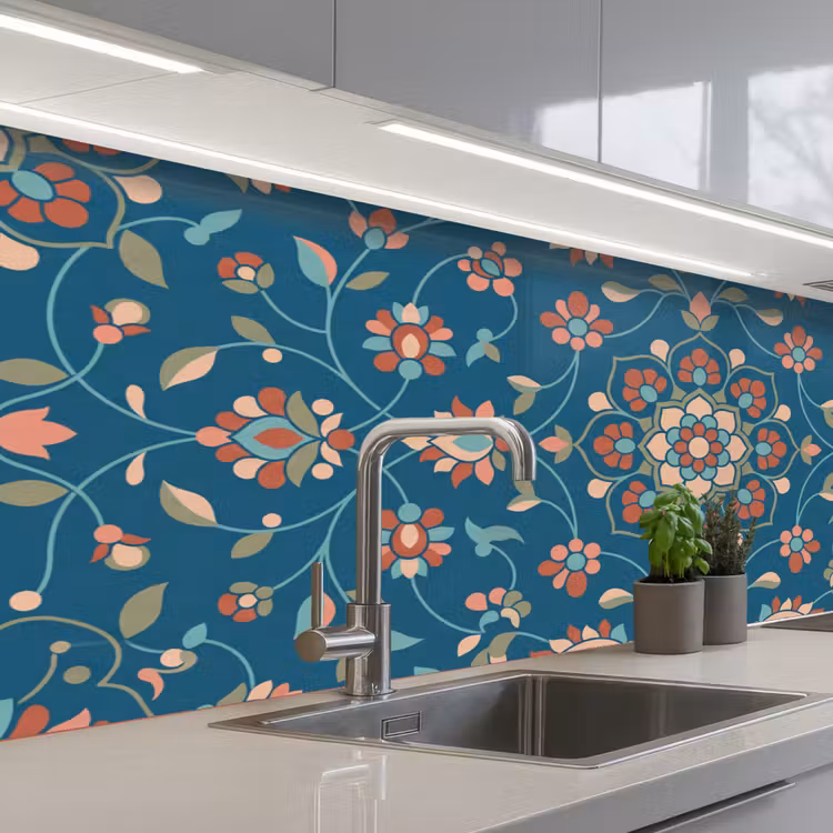 Küchenrückwand - Blumen – Muster – Natur – Ornament – Blau — 2