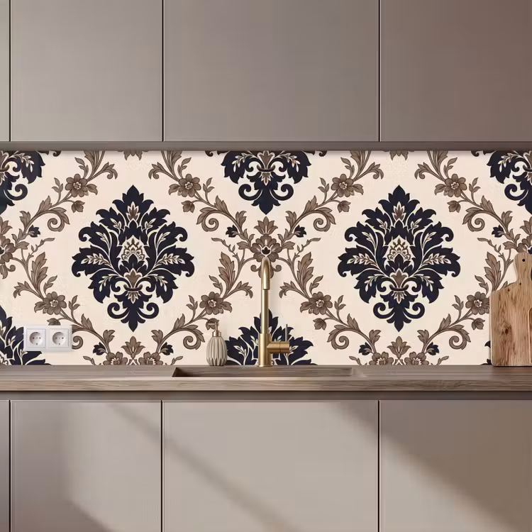 Küchenrückwand - Muster – Blumenmuster – Klassisch – Beige-Blau — 1
