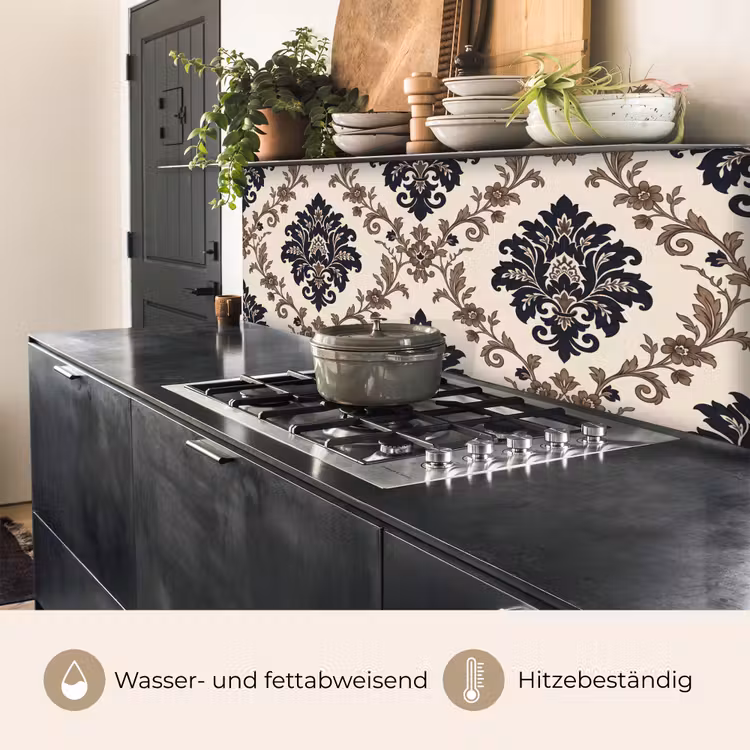 Küchenrückwand - Muster – Blumenmuster – Klassisch – Beige-Blau — 5