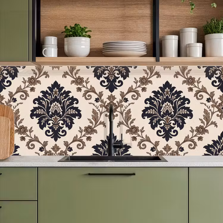 Küchenrückwand - Muster – Blumenmuster – Klassisch – Beige-Blau — 8