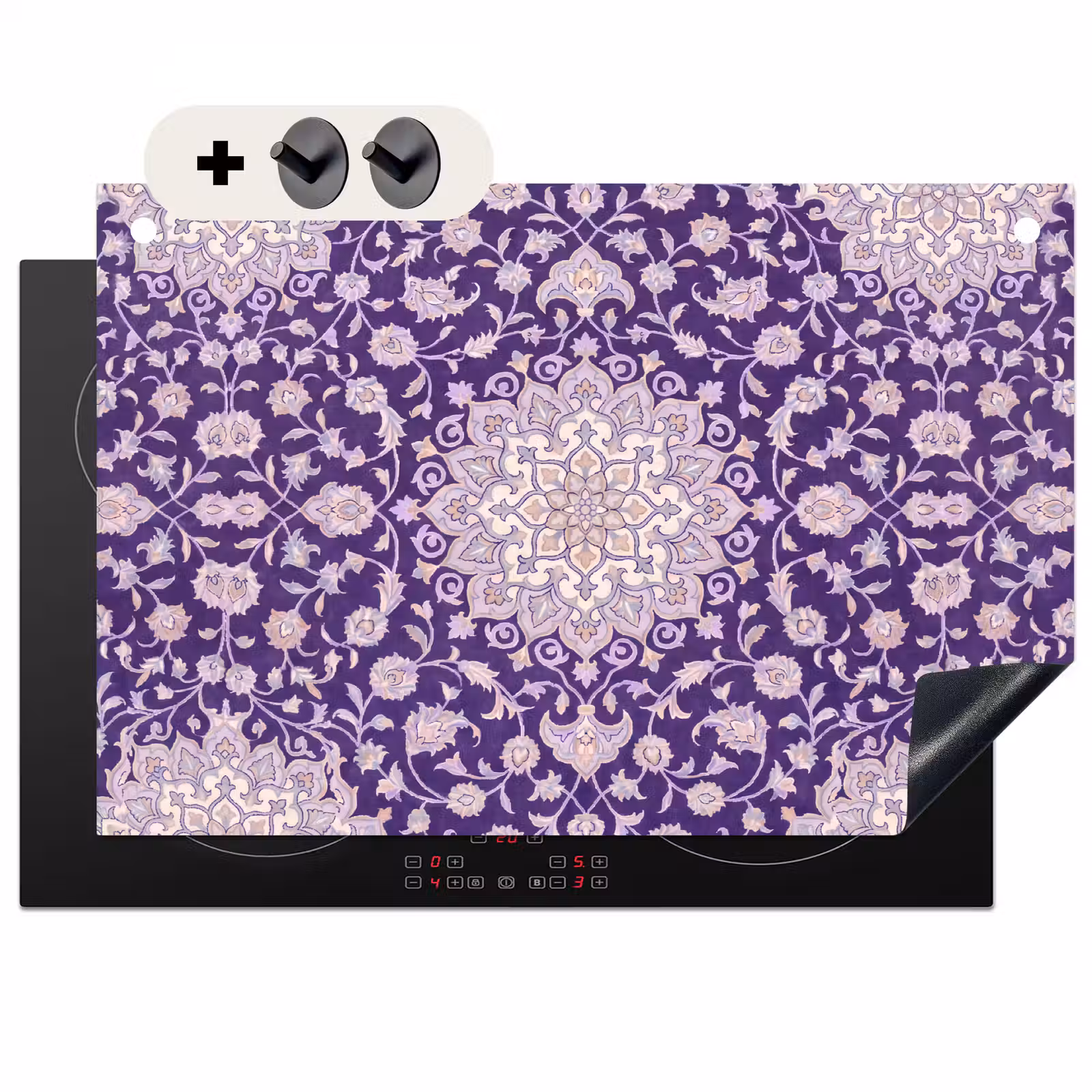 2-in-1 Herdabdeckplatte & Spritzschutz - Muster – Medaillon – Orientalisch – Lila – Dekoration — 1