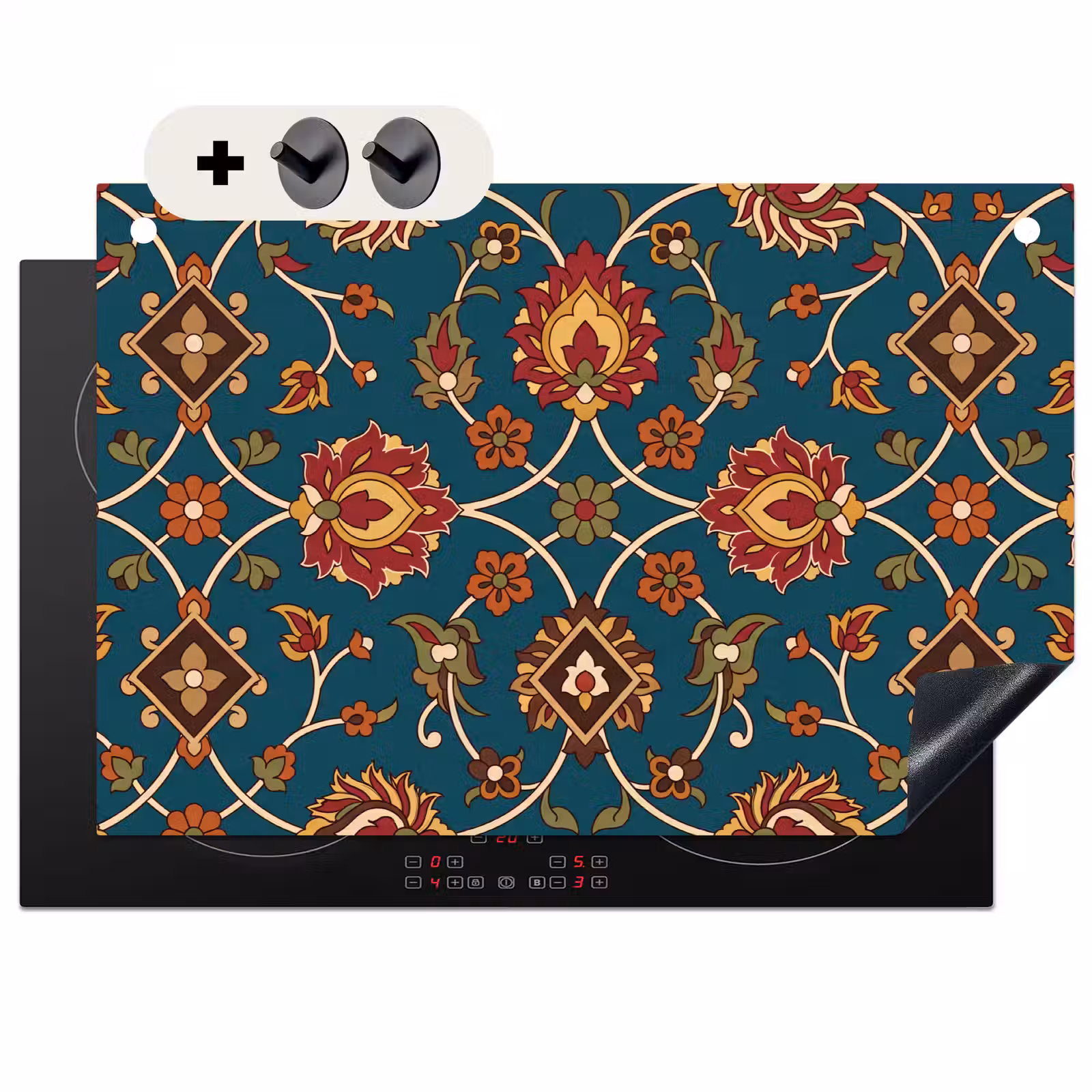2-in-1 Herdabdeckplatte & Spritzschutz - Ornament – Flora – Traditionell – Klassisch – Blaugrün — 1