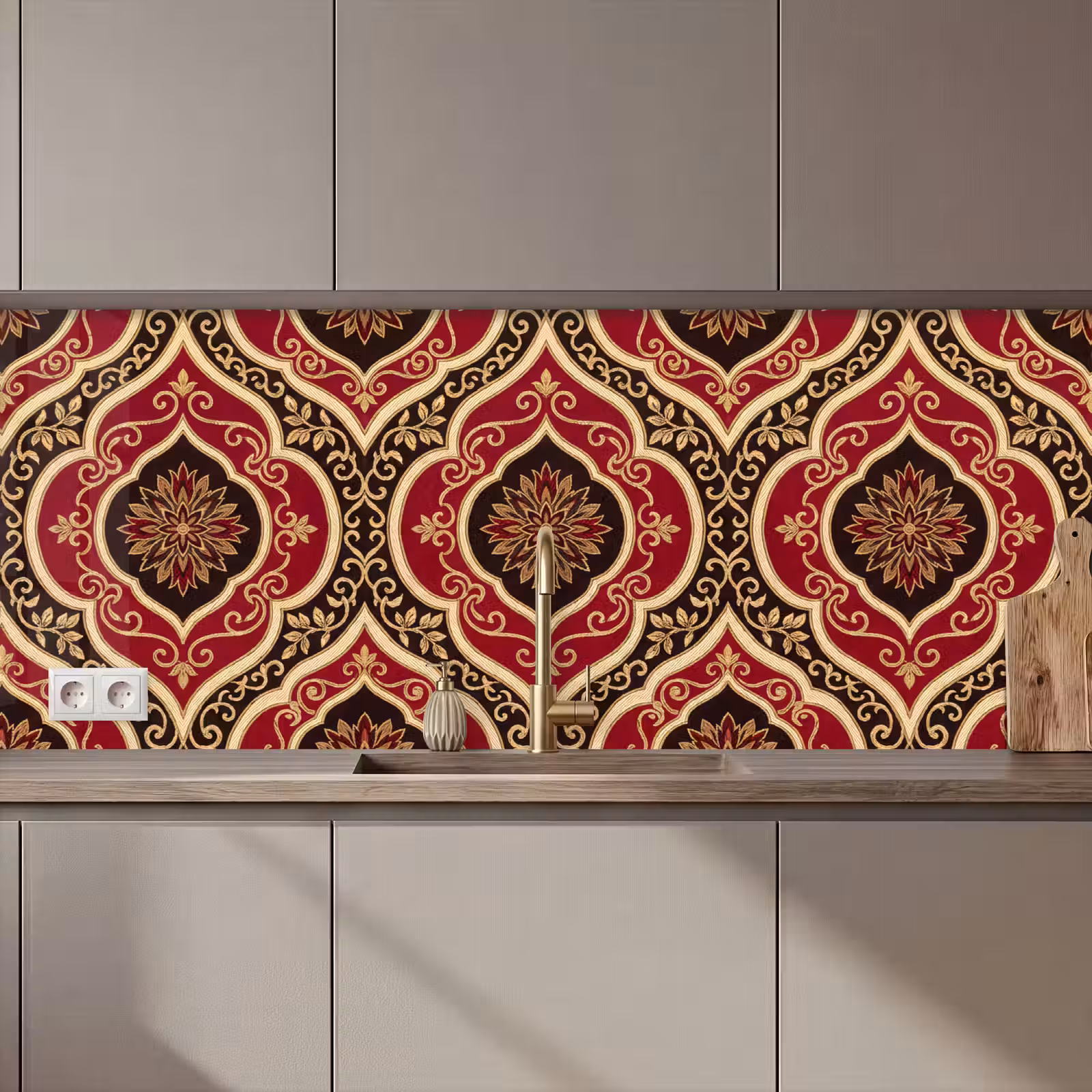 Küchenrückwand - Muster – Ornament – Barock – Rot – Gold — 1