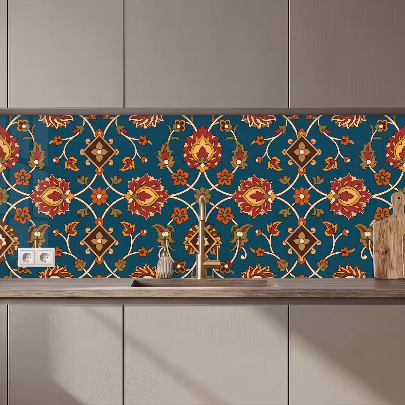 Küchenrückwand - Ornament – Flora – Traditionell – Klassisch – Blaugrün — 1