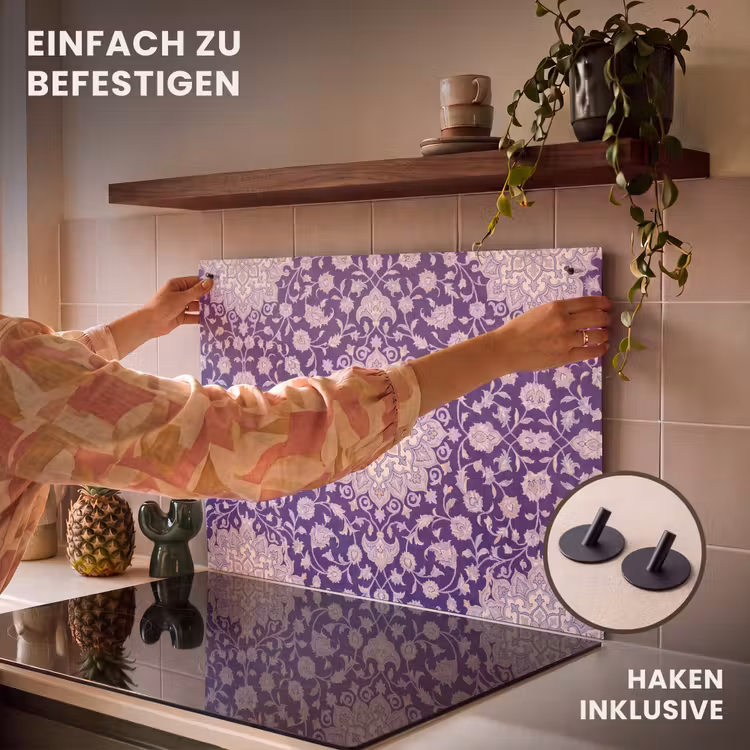 2-in-1 Herdabdeckplatte & Spritzschutz - Muster – Medaillon – Orientalisch – Lila – Dekoration — 7