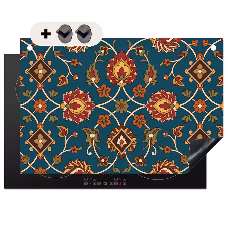 2-in-1 Herdabdeckplatte & Spritzschutz - Ornament – Flora – Traditionell – Klassisch – Blaugrün — 1