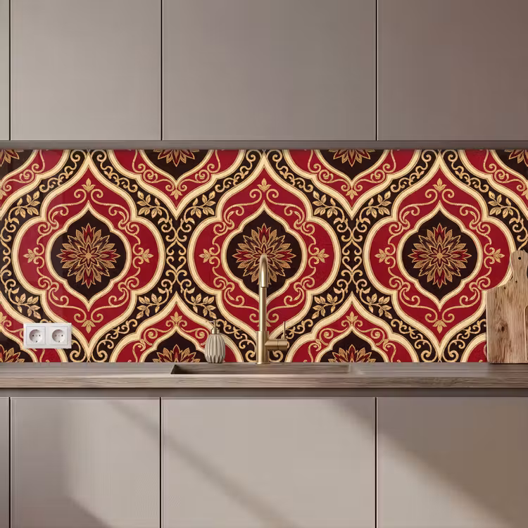 Küchenrückwand - Muster – Ornament – Barock – Rot – Gold — 1