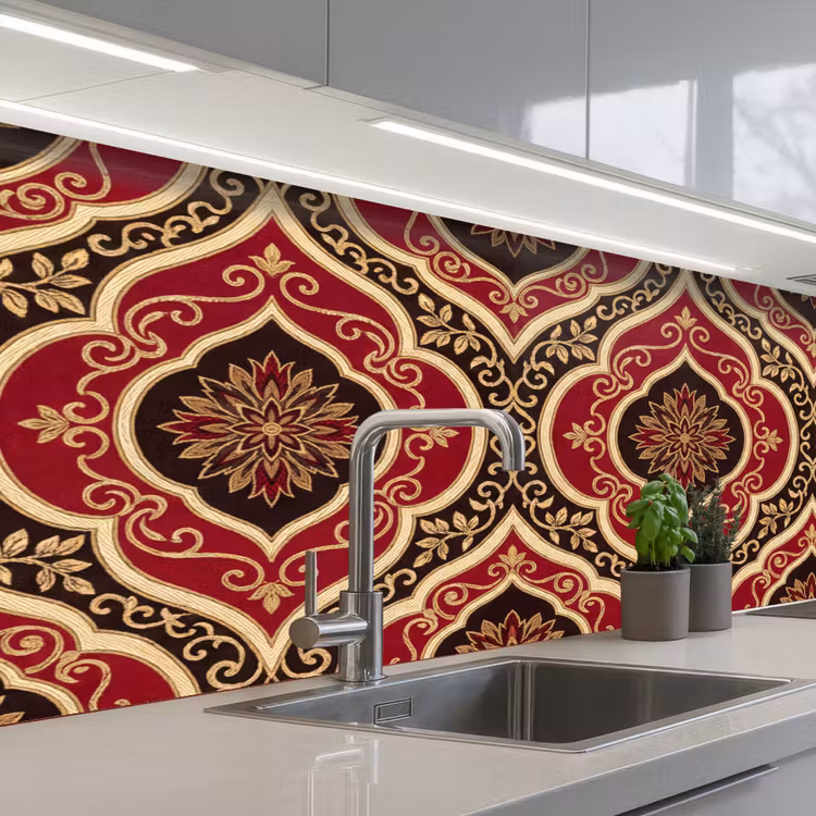 Küchenrückwand - Muster – Ornament – Barock – Rot – Gold — 2