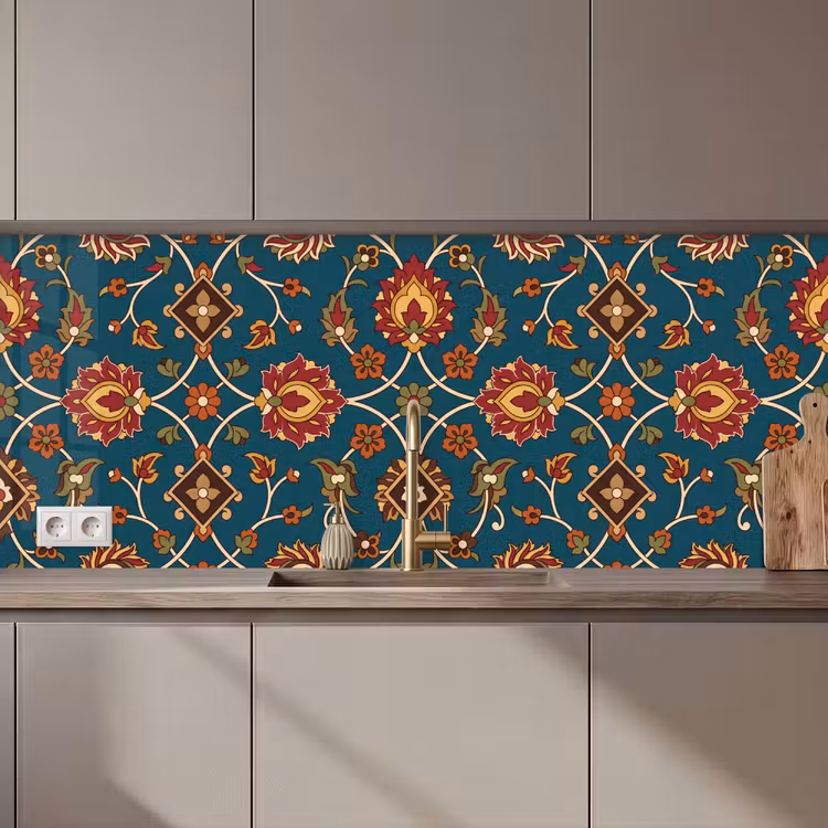 Küchenrückwand - Ornament – Flora – Traditionell – Klassisch – Blaugrün — 1