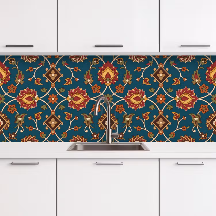 Küchenrückwand - Ornament – Flora – Traditionell – Klassisch – Blaugrün — 4