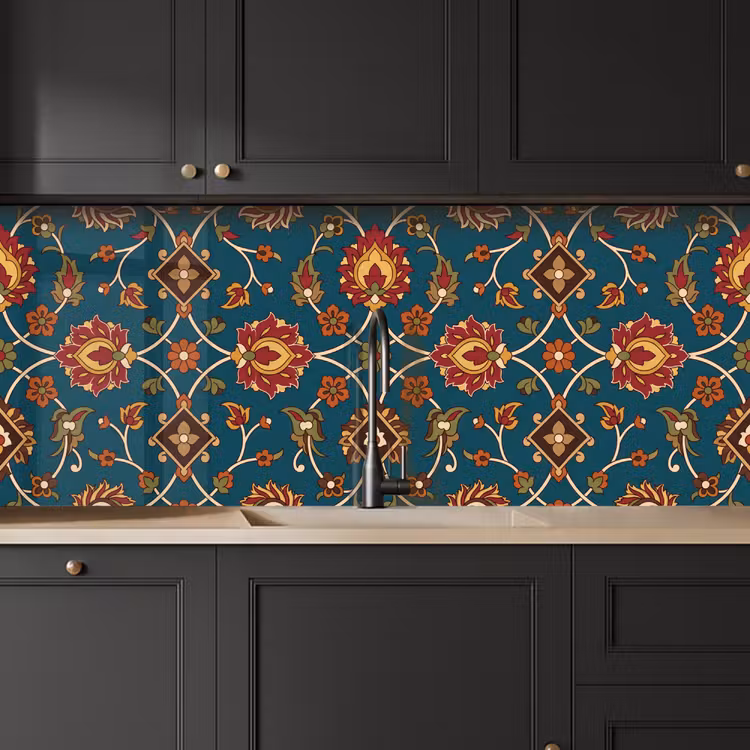Küchenrückwand - Ornament – Flora – Traditionell – Klassisch – Blaugrün — 6