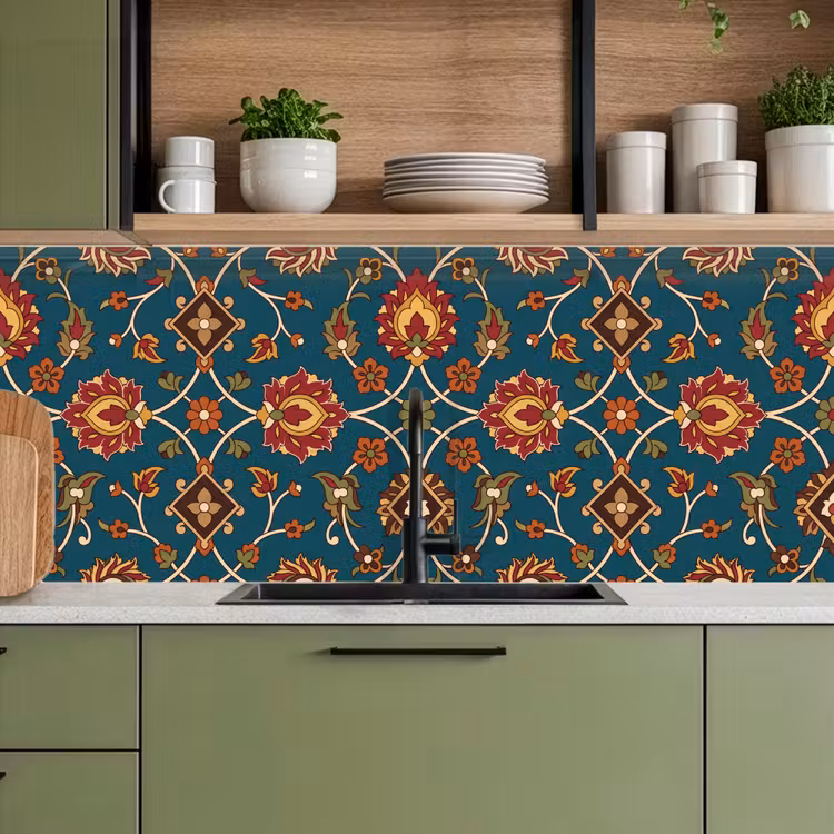 Küchenrückwand - Ornament – Flora – Traditionell – Klassisch – Blaugrün — 8