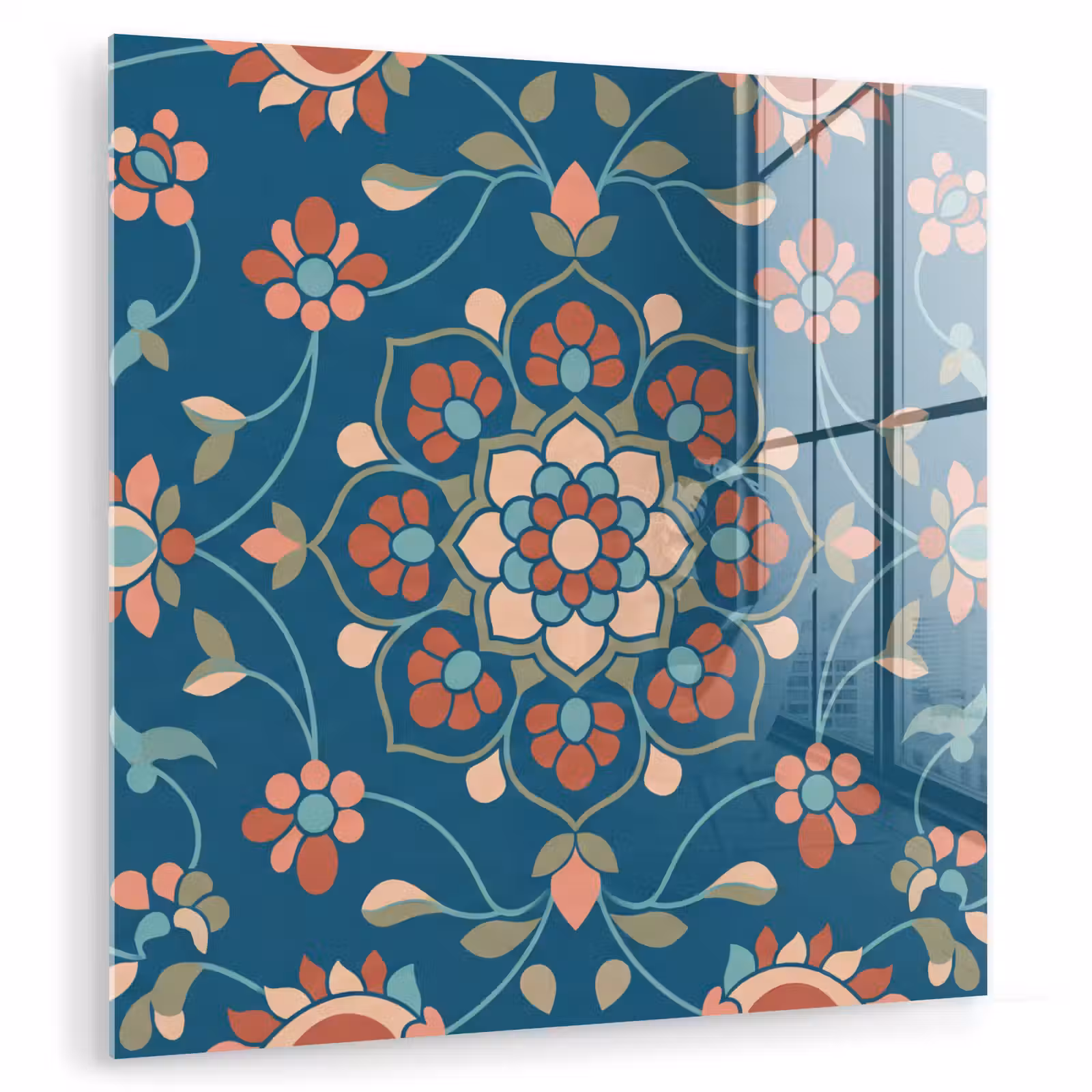 Glasbild - Blumen – Muster – Natur – Ornament – Blau — 1