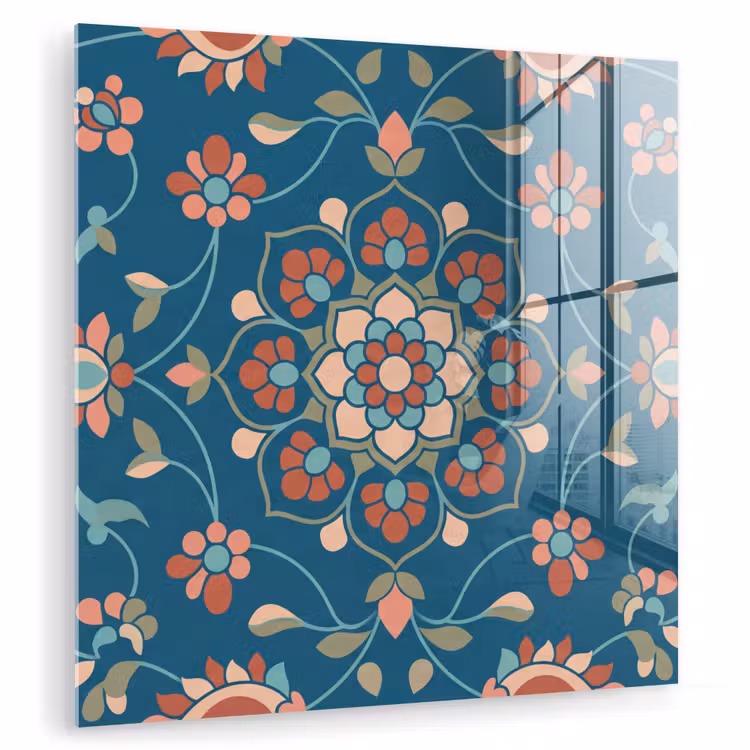 Glasbild - Blumen – Muster – Natur – Ornament – Blau — 1