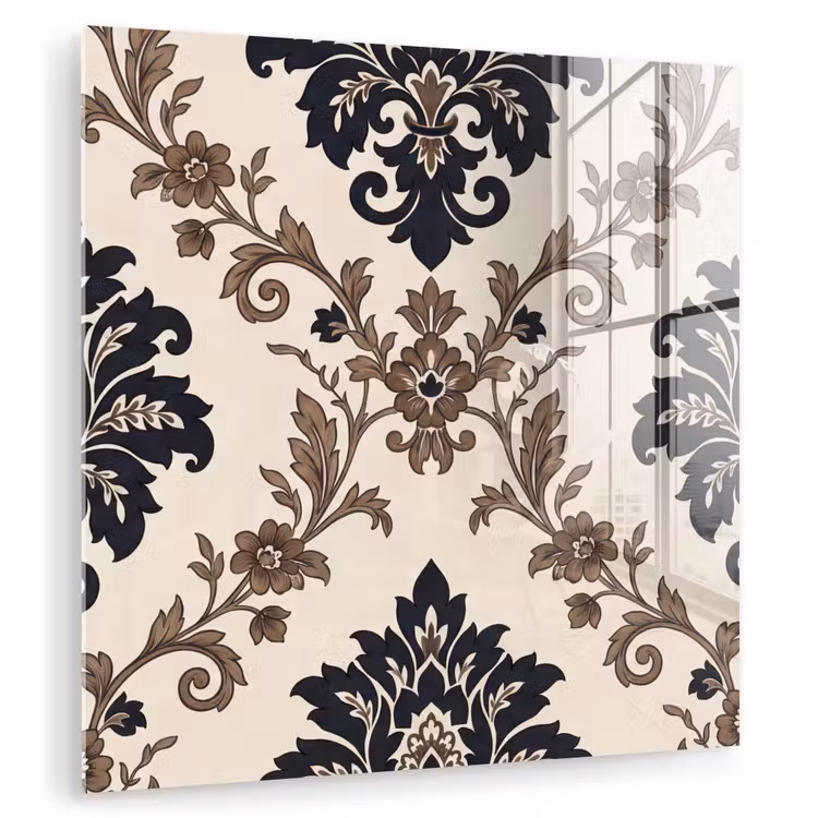 Glasbild - Muster – Blumenmuster – Klassisch – Beige-Blau — 1