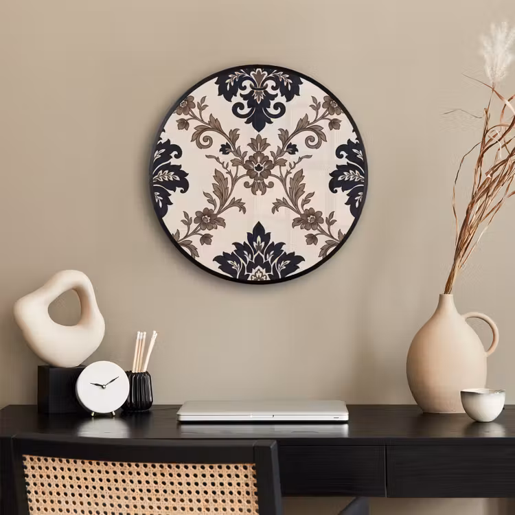 Poster im Rahmen Rund - Muster – Blumenmuster – Klassisch – Beige-Blau — 3