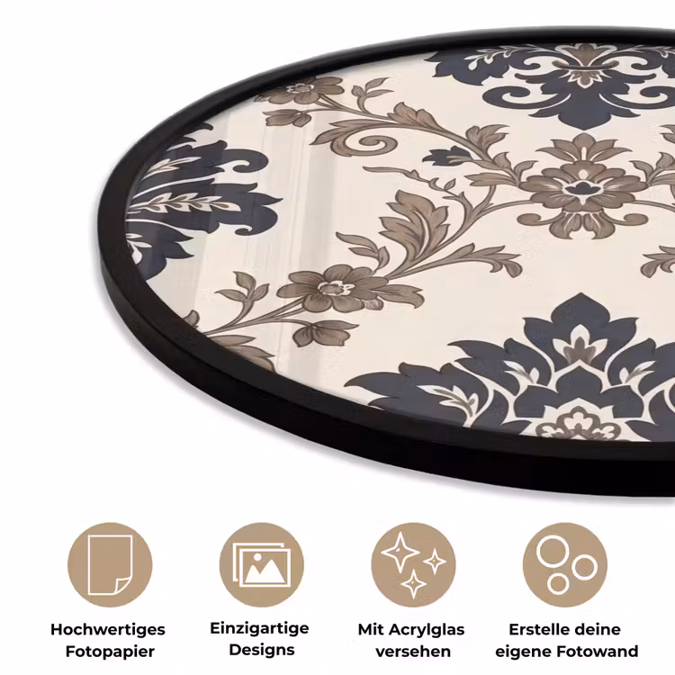 Poster im Rahmen Rund - Muster – Blumenmuster – Klassisch – Beige-Blau — 6