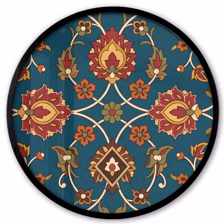 Poster im Rahmen Rund - Ornament – Flora – Traditionell – Klassisch – Blaugrün — 1
