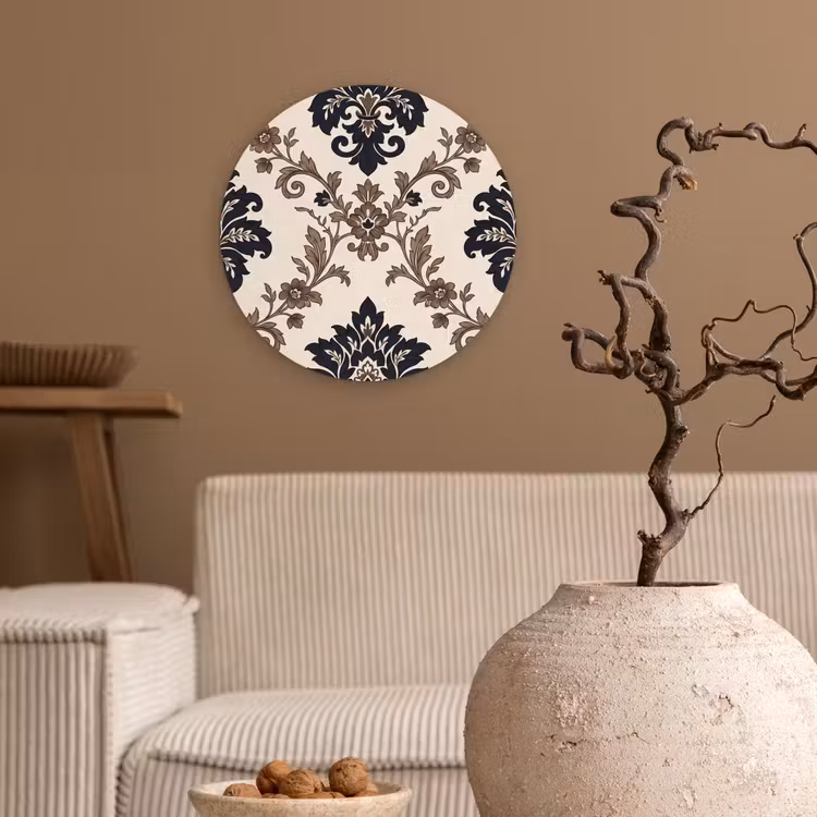 Glasbild Rund - Muster – Blumenmuster – Klassisch – Beige-Blau — 2