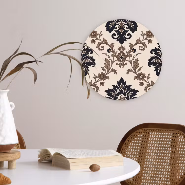 Glasbild Rund - Muster – Blumenmuster – Klassisch – Beige-Blau — 4