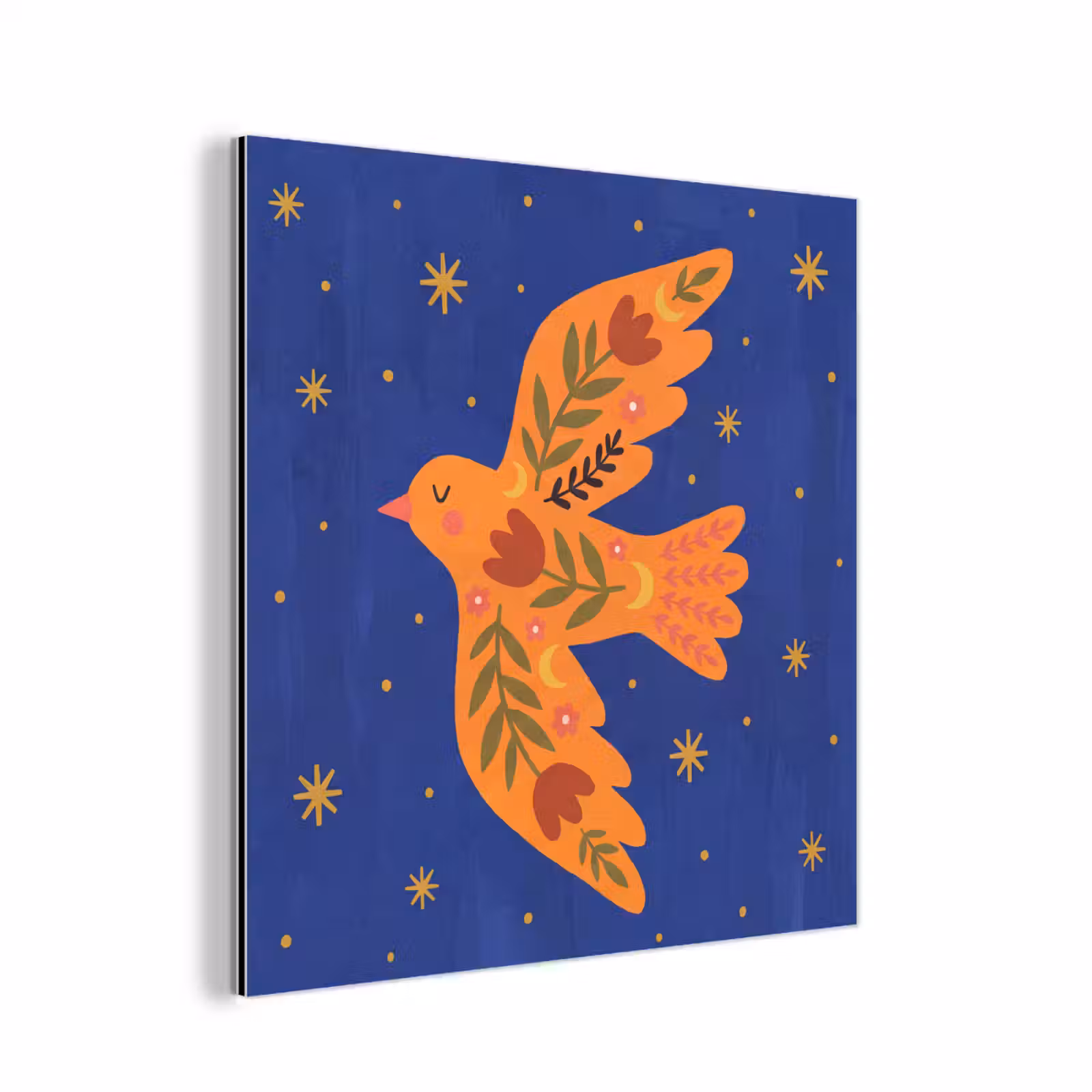 Alu-Dibond-Bild - Vogel – Blumen – Dekorativ – Orange – Blau — 1