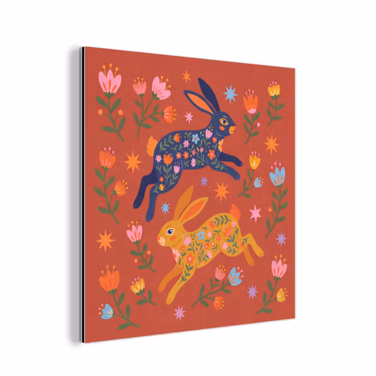 Alu-Dibond-Bild - Kaninchen – Blumen – Volkskunst – Farbenfroh – Tiere — 1