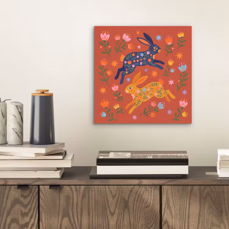 Alu-Dibond-Bild - Kaninchen – Blumen – Volkskunst – Farbenfroh – Tiere — 2