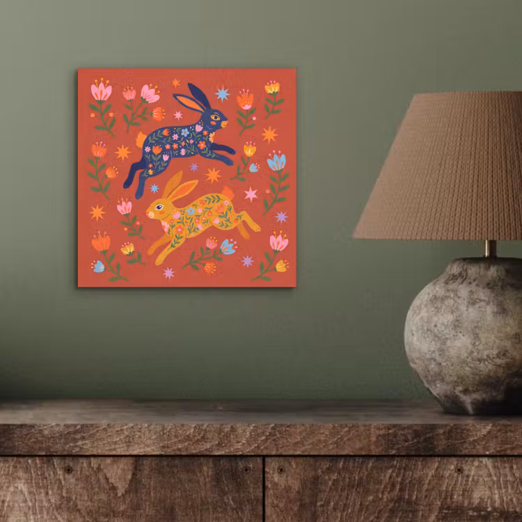 Alu-Dibond-Bild - Kaninchen – Blumen – Volkskunst – Farbenfroh – Tiere — 3