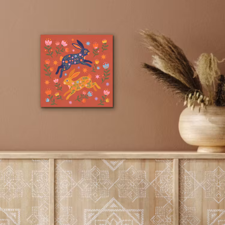 Alu-Dibond-Bild - Kaninchen – Blumen – Volkskunst – Farbenfroh – Tiere — 5