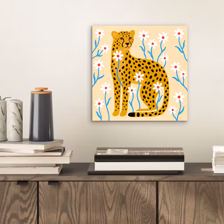 Alu-Dibond-Bild - Tiere – Gepard – Blumen – Modern – Gelb — 2